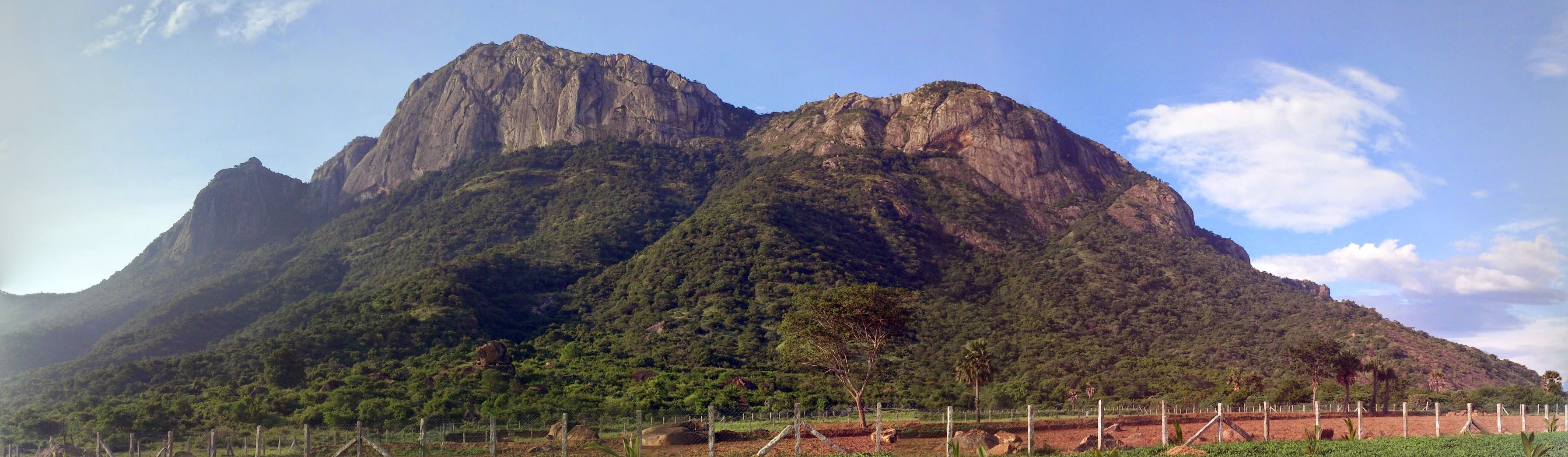 Panoramic view of Western Ghats mountain range with lush valleys at The HillSide Oasis Pollachi